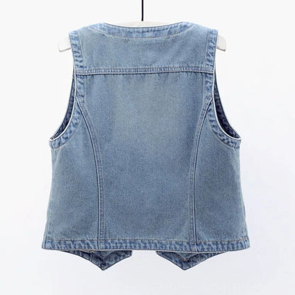 Fashion Denim Vest Female Streetwear V Neck Women Vest Summer Large Size Waistcoat Jeans Tops Sleevless Jacket Chaleco Mujer 6XL