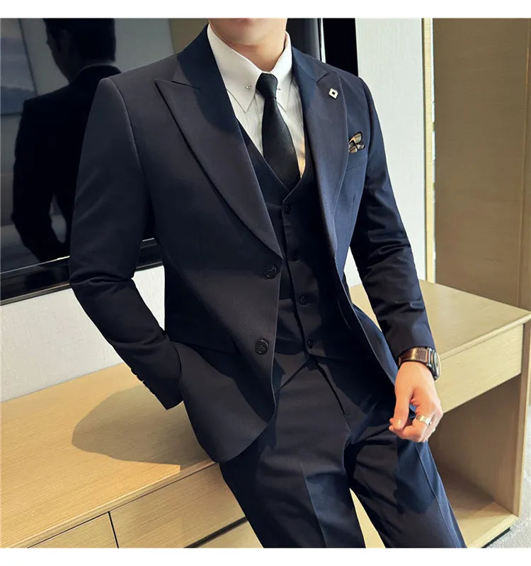 Men's 3 Piece Suit Set Double‑Button Solid Color Slim Fit Business Casual Wedding Banquet Party Jacket Vest Pants Formal Outfit
