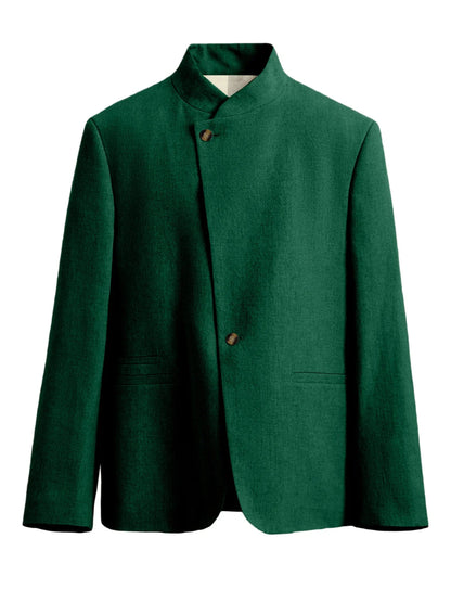  Mandarin Collar Men‘s Blazer Linen Blend Chinese Stand Collar Men Jacket Asymmetric Button Breathable Men Coat Wedding Party