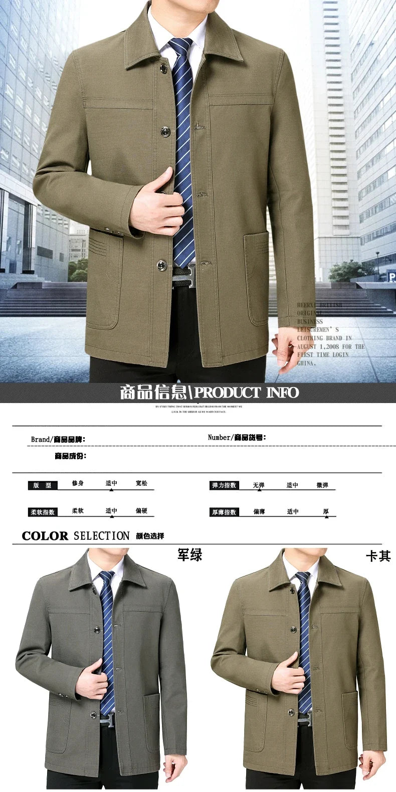 Men's Middle-Aged Cotton Jacket Spring Autumn Lapel Trench Coat Large Size with Buttons Fashionable Classic Outerwear
