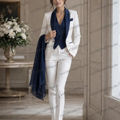 Navy Blue White Formal Business Women Suit Wedding Party Prom Ladies Mother Girl Tuxedos Costume 3 Piece Set Blazer Vest Pants
