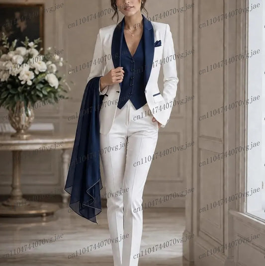 Navy Blue White Formal Business Women Suit Wedding Party Prom Ladies Mother Girl Tuxedos Costume 3 Piece Set Blazer Vest Pants