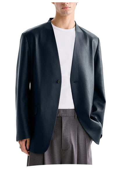 Men's PU Leather Collarless Blazer Single Button Loose Fit Jacket for Wedding Party Office