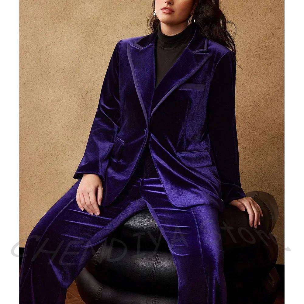Purple Velvet Women's Pant Suits 2 Piece Elegant Customized Peaked Lapel Single Button Daily Set Formal Work Office Lady Wear