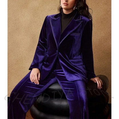 Purple Velvet Women's Pant Suits 2 Piece Elegant Customized Peaked Lapel Single Button Daily Set Formal Work Office Lady Wear