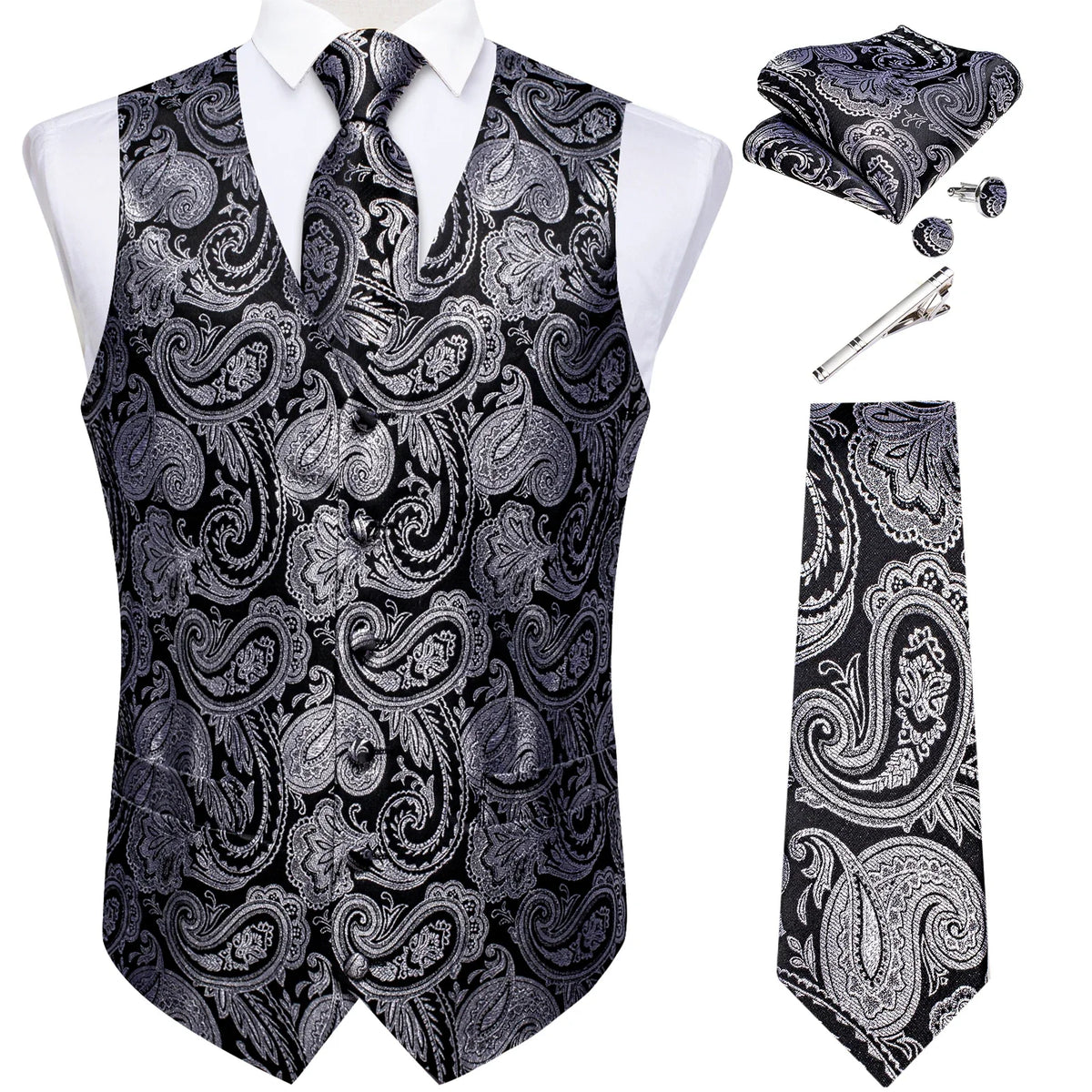 Men's Suit Vest Set with Tie, Handkerchief & Cufflinks for Wedding & Banquet