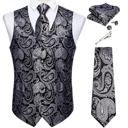 Men's Suit Vest Set with Tie, Handkerchief & Cufflinks for Wedding & Banquet