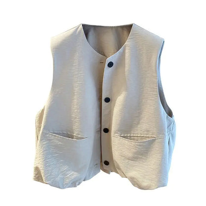 Vest Female Spring Autumn Casual Lined Waistcoat Women O-Neck Sleeveless Jacket Women Solid Single-breasted Vest Coat