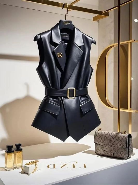 Sleeveless Cardigan Women Clothing Tailored Collar Bandage Tunic Black Korean Waistcoat Vintage Chic Leather Tanks Jacket Tops