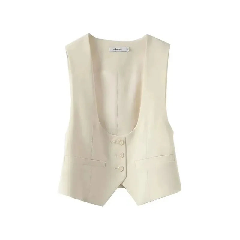 Unisex Beige Sleeveless Vest V-Neck Buttoned Waistcoat for Formal Casual Wear
