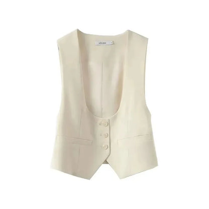 Unisex Beige Sleeveless Vest V-Neck Buttoned Waistcoat for Formal Casual Wear