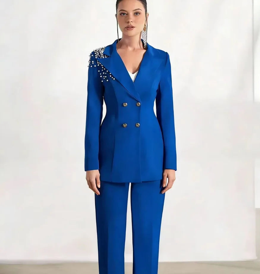 Classic Blazer 2 Pieces Suits Plus Size Pearls Double Breasted Women Wedding Guest Mother Set Customized Party Office Outfit