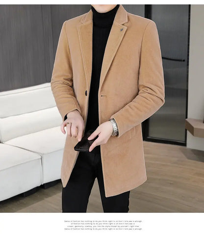 High-quality winter new style mid-length solid color men's fashionable and cool golden mink woolen trench coat with cotton