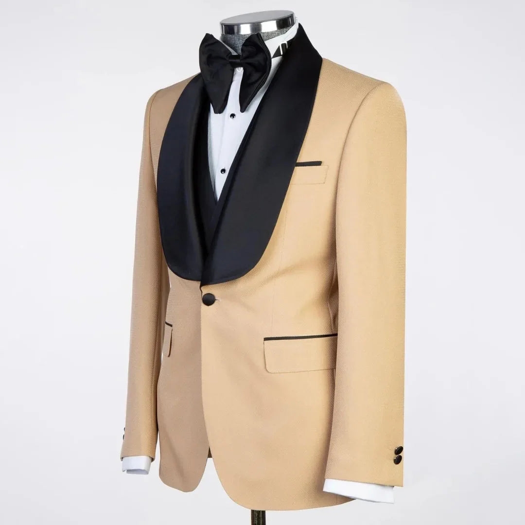 Men Suit Champagne 3 Piece With Black Lapel For Wedding Groom Banquet Party Birthday Prom Business Work Office Jacket Vest Pants