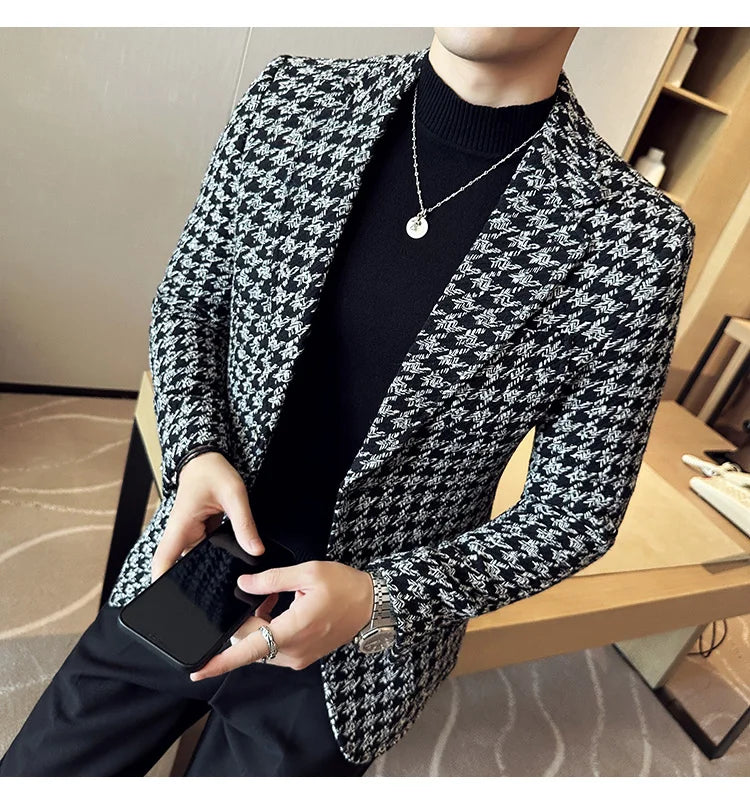2023 Autumn Winter Plaid Men Blazers Thickened Casual Business Suits Jackets Single Buckle Wedding Groom Streetwear Social Coat