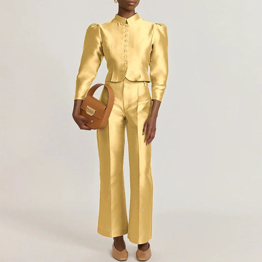 Gorgeous Women's Satin Suits Single Breasted 2Piece(Jacket+Pants) Set Vintage Elegant Evening Party Female Outerwears