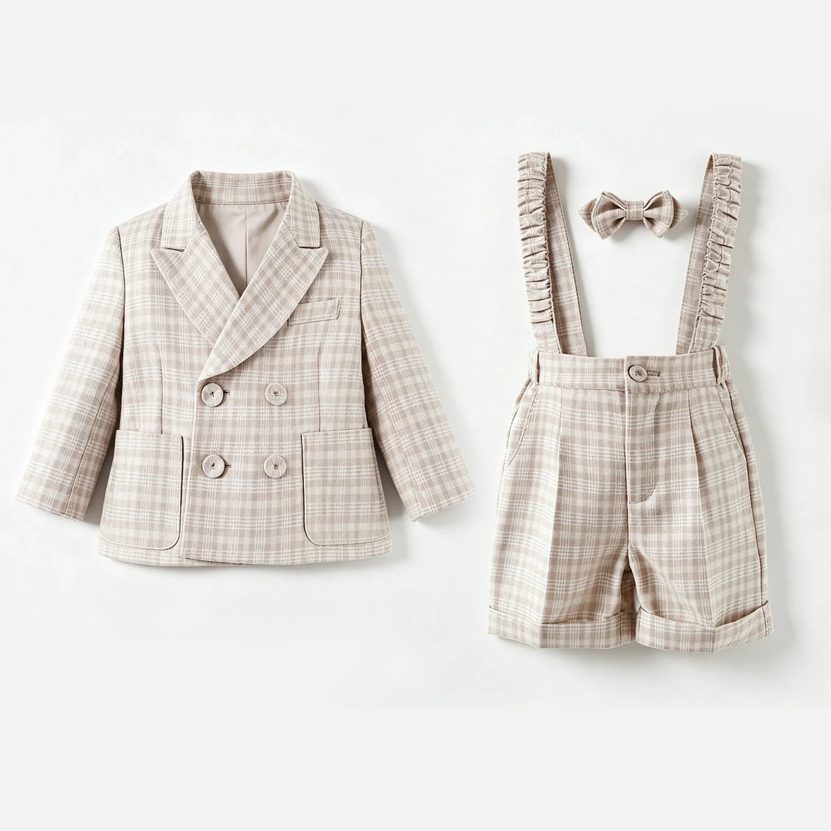 Toddler Gentleman Plaid Suit Set Boys Formal Blazer Waistcoat Suspender Shorts BowTie Wedding Birthday Baptism Party Dress Outft