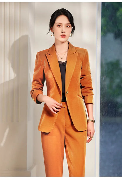 Office Ladies Formal Pant Suit 2 Piece Set Women Green Khaki Red Female Long Sleeve Business Work Wear Blazer Jacket And Trouser