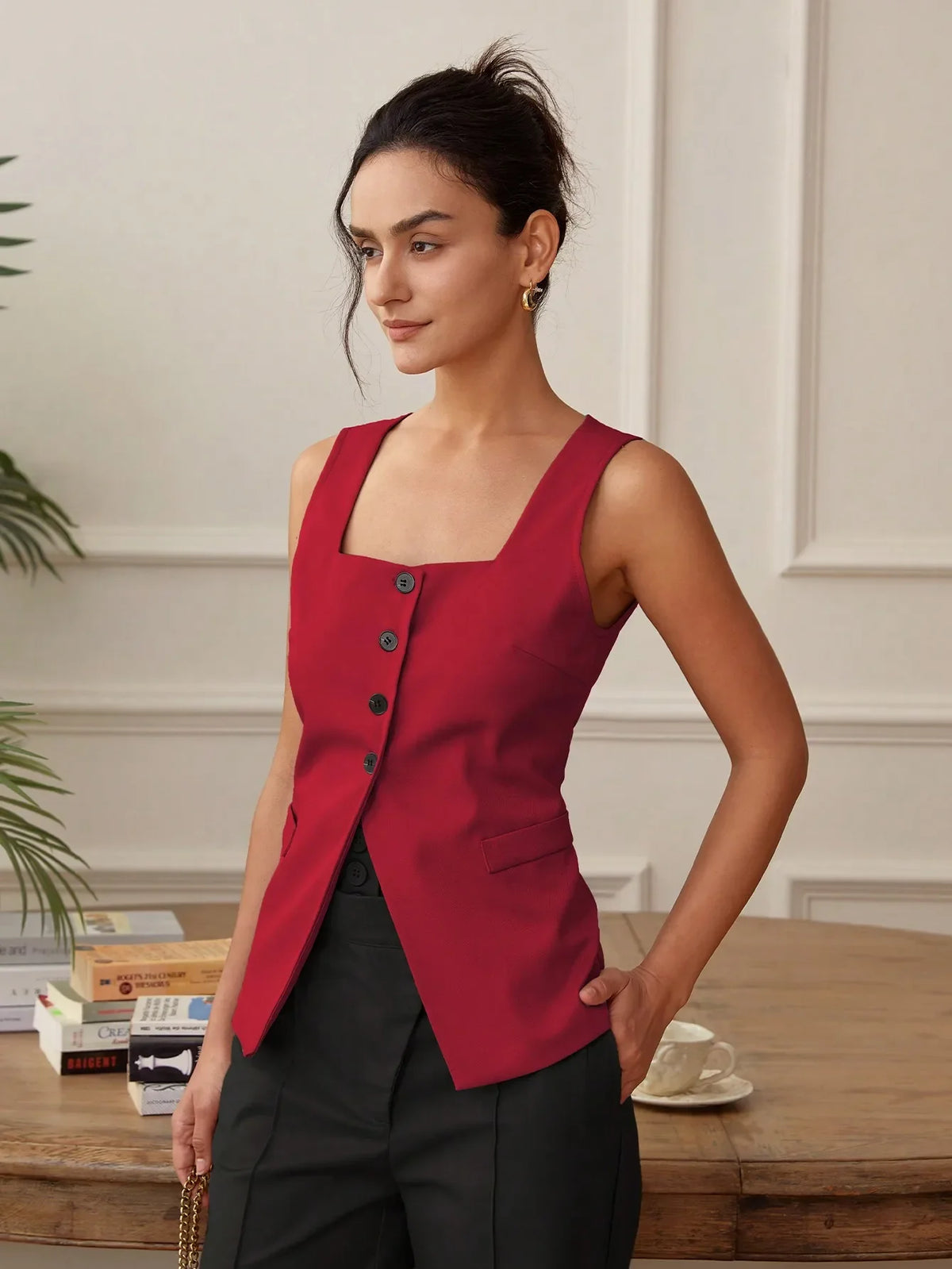 Summer temperament commuter vest vest solid color waistband square collar wide shoulder waistcoat