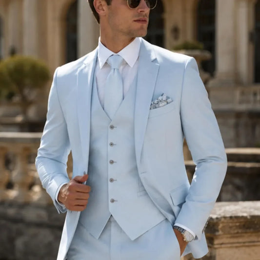 Men Suit Sky Blue 3 Pcs With Lapel Single Breasted Solid For Wedding Groom Banquet Party Business Work Office Jacket Vest Pants