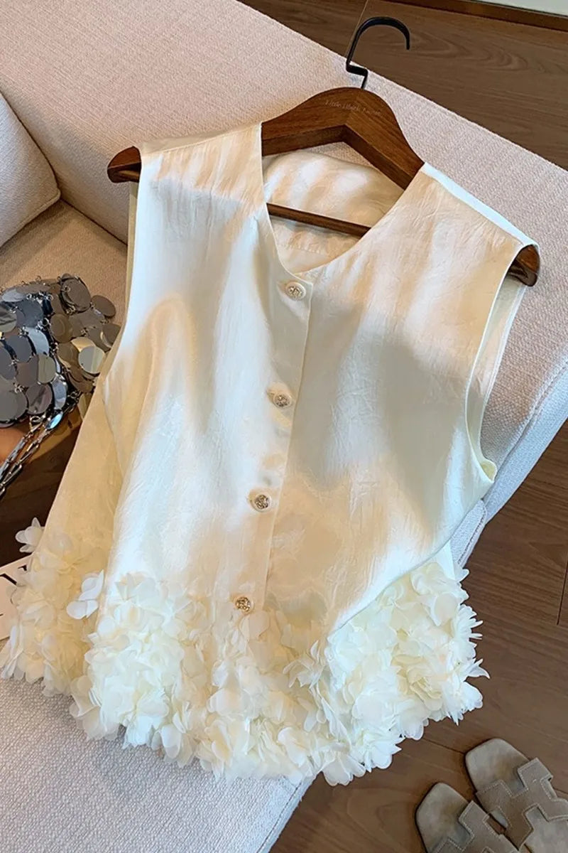 Women Vest Small Fragrance Jacket Satin Sleeveless Top Spring Summer New Fashion Temperament Petal Hem Waistcoat Female Vest
