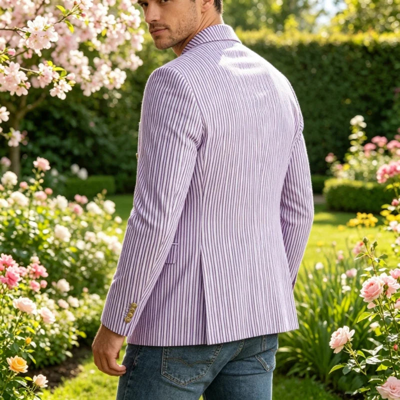 Vintage Men's Striped Double Breasted Blazer Casual Business Suit Jacket Lightweight Notched Lapel Sport Coat Wedding Party Wear