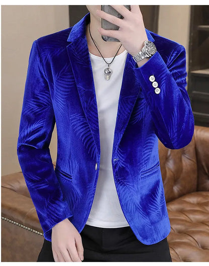 Blazer Men's Fashion Business Gentleman Groom Professional Gentleman Casual Velvet Bamboo Leaf Flower Dress High-end Blazer