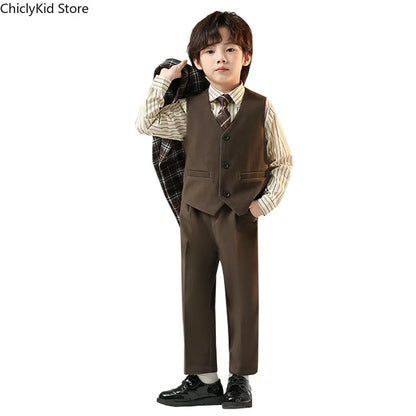 Boys British Double Breasted Blazer Jacket Pants Children Suit Waistcoat Wedding Clothes Sets Toddler Formal Dress Kids Tuxedos