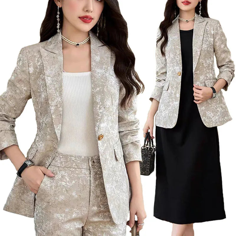 Fashion Apricot Printing Women Pant Suit Elegant Business Office Ladies 2 Piece Set Female Formal Blazer And Trouser