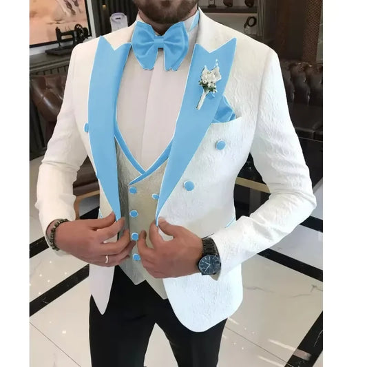 Jacquard Men's Slim Fit 3 Piece Tuxedo Peak Lapel Jacket with Vest Trousers Set for Banquet Formal Business Dinner Wedding Suit