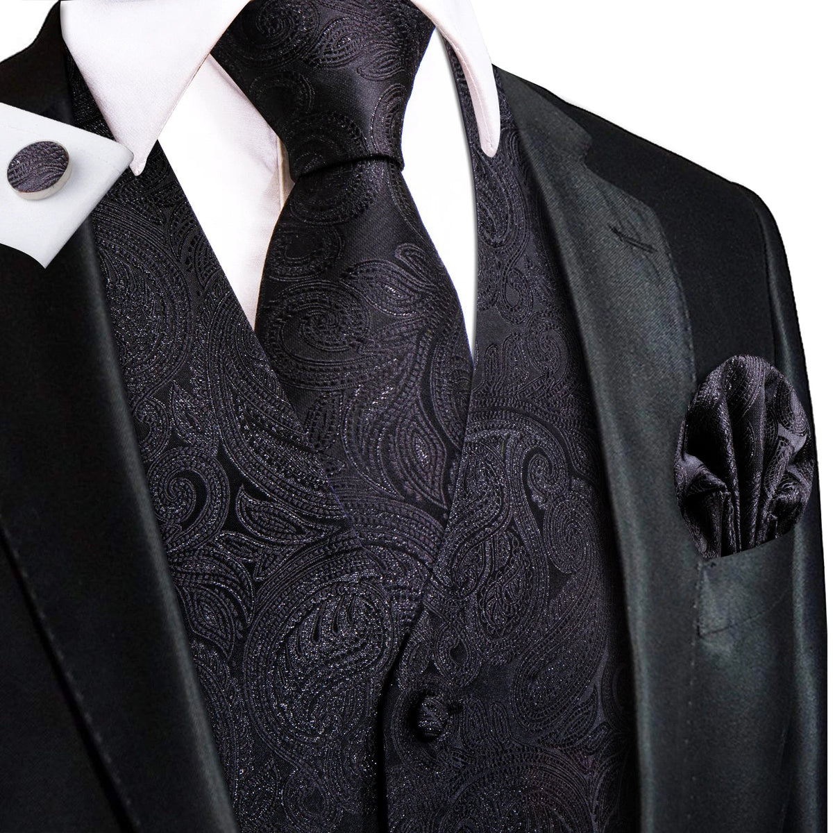 Men's Vest Tie Hanky Cufflinks Set – Wine Black Paisley Jacquard for Weddings & Formal Events