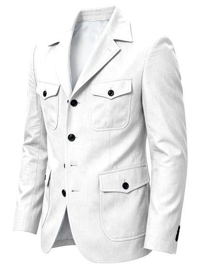 Men's Linen Safari Blazer Four Flap Pockets Slim Soft Jacket Casual Business Coat For Street Outdoor Vacation Party Daily Travel