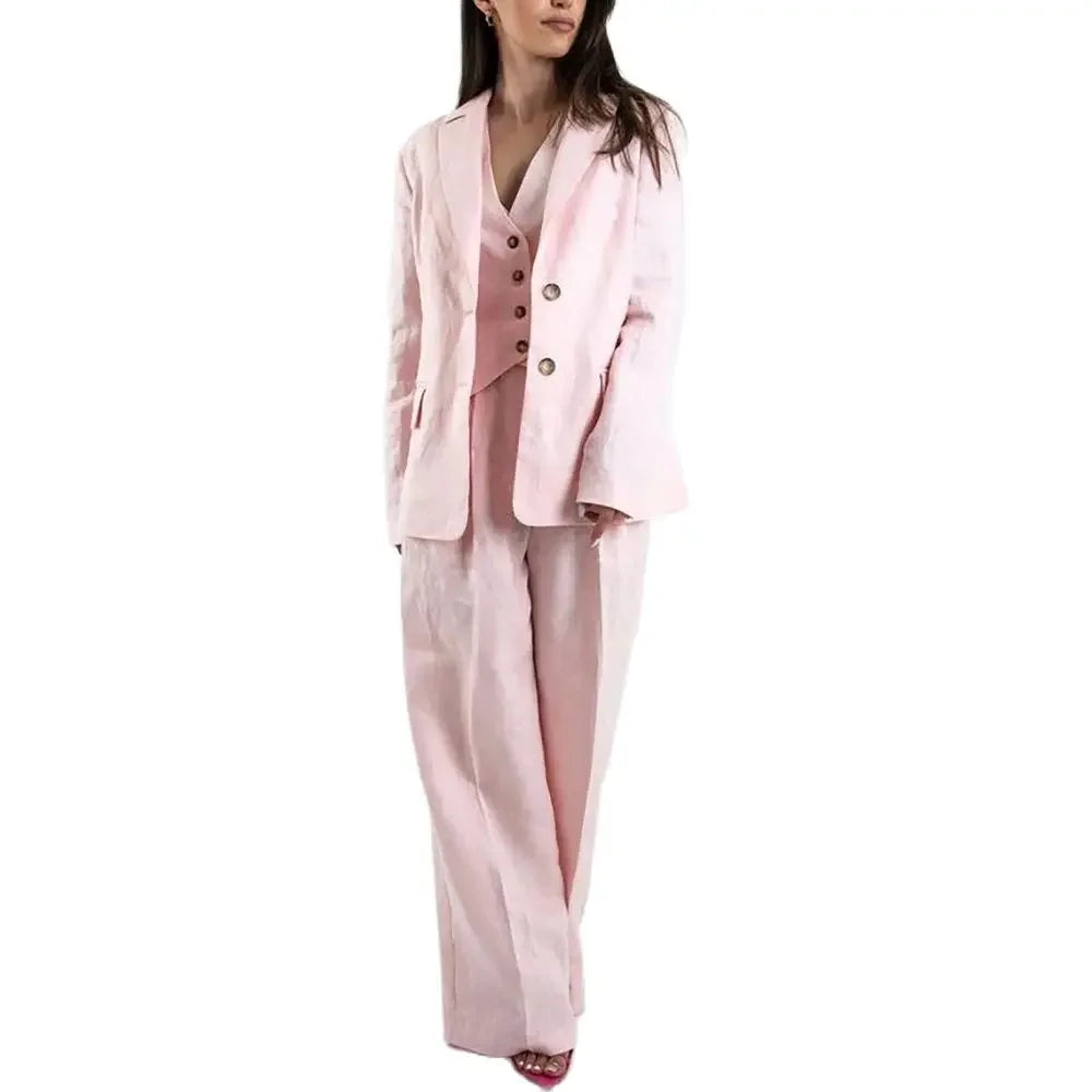 High-end Pink Linen Women Pants Set New Female Three Pieces(Blazer+Trousers+Vest) conjuntos para mujeres 3 piezas