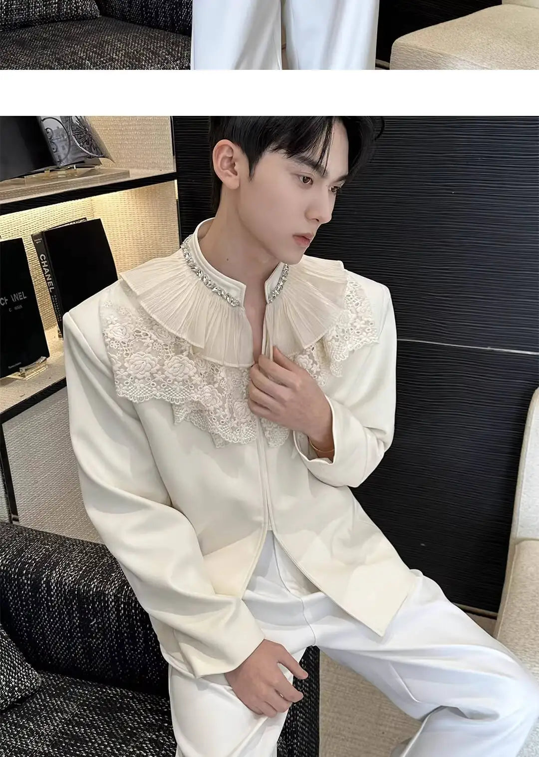 2026 New Personalized Lace Patchwork Stand Collar Diamond-Embellished Blazer Coat Men Fashion Luxury Casual Jacket JY6215