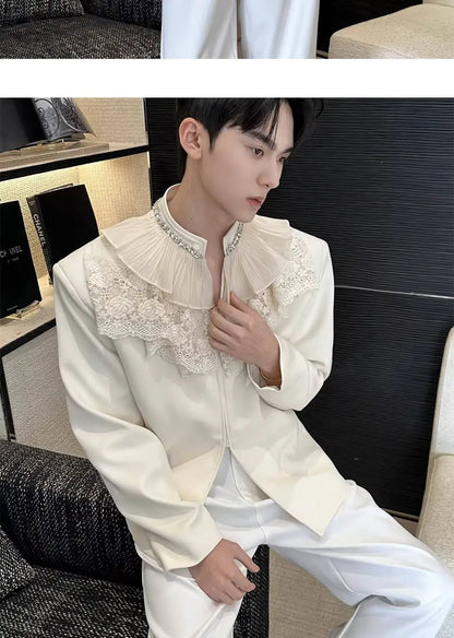 2026 New Personalized Lace Patchwork Stand Collar Diamond-Embellished Blazer Coat Men Fashion Luxury Casual Jacket JY6215