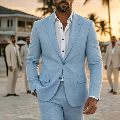 Men's Casual Linen 2-Pieces Set Slim Fit Blazer And Pant Summer Beach Wedding Party Dance Groomsmen Smoking
