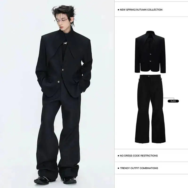 2026 Spring Patchwork Design Cross Collar Solid Color Casual Jacket Men Fashion Elegant Temperament Straight Pants JY6553