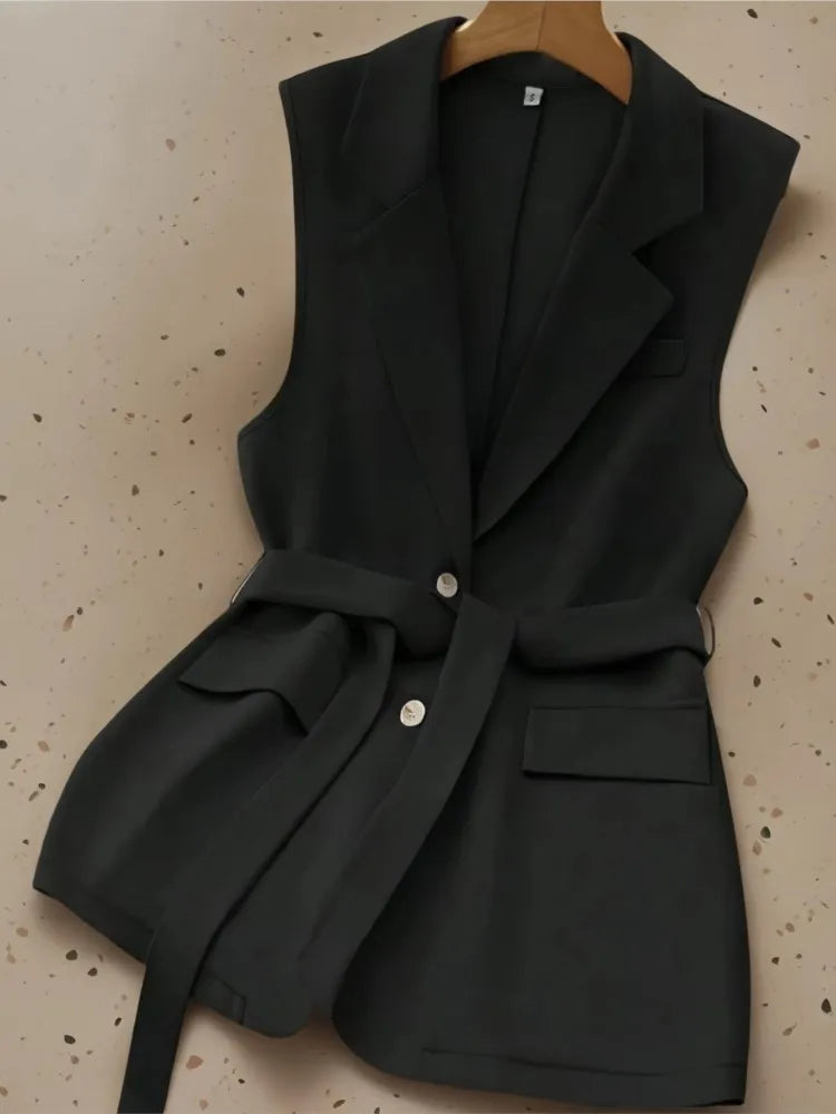 Fashion Sleeveless Slim Suit Collar Women Vest Spring Autumn New Single Breasted Elegant Lace Up Female Versatile Vest Tops 2025