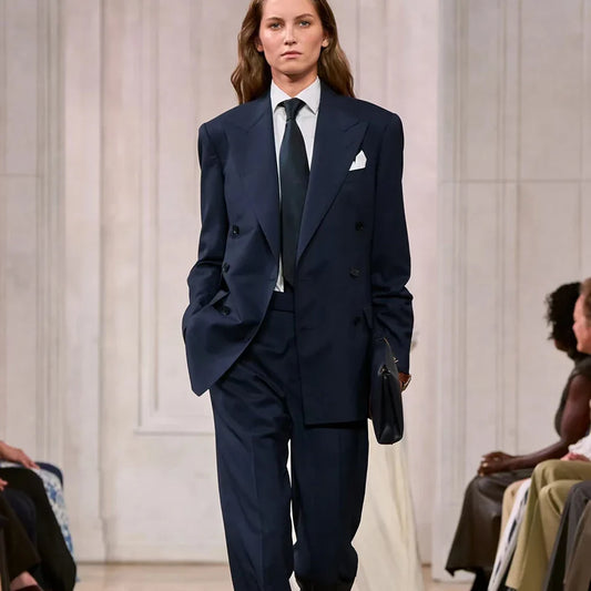 Understated Luxury Women Double Breasted Suit 2 Pieces Navy Blazer Straight Pants Set Formal Business Office Lady Power Outfit