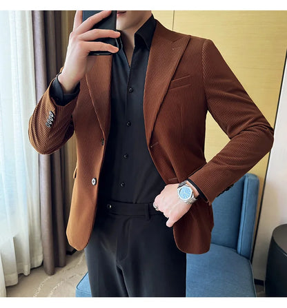Corduroy Stripe Suit Jacket For Men Autumn Winter Business Slim Fit Tailcoat Formal Wedding Party Fashion Casual Suit Coat 4XL-M