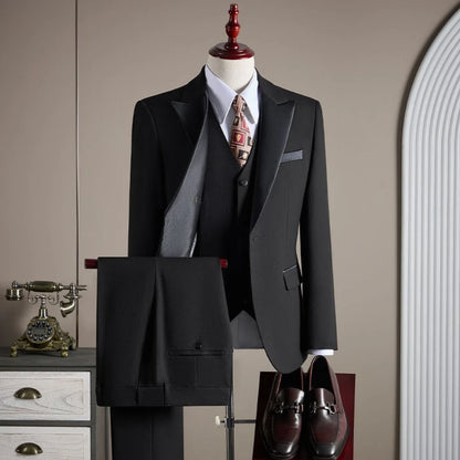 Men Suit Black 3 Piece Single Breasted With Bright Lapel For Wedding Groom Banquet Party Prom Business Work Jacket Vest Pants