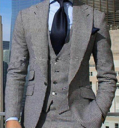 Houndstooth Mens Suit Slim Fit 3 Pieces Peaked Lapel Blazer Wedding Groom Tuxedos for Prom Party Business(Jacket+Pants+Vest)