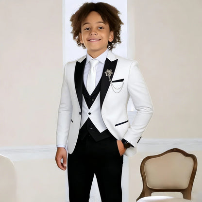 White Suit for Boys Fashion Formal Flower Boys Wedding Tuxedos 3-Piece Set (Jacket Pants Vest) Party Slim Fit Suit Kids Clothes