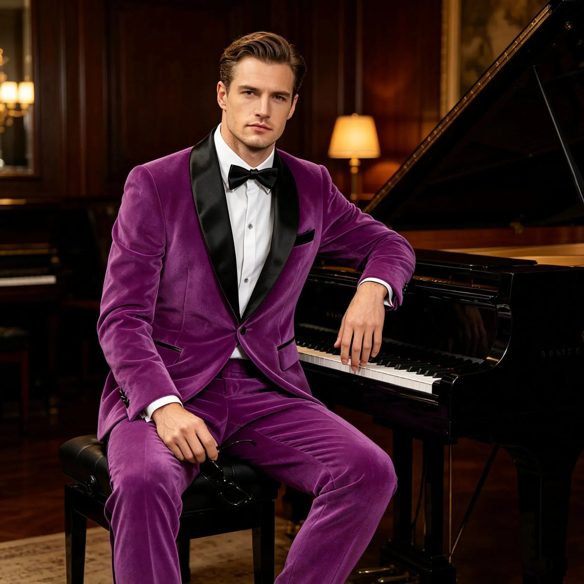 Men's Velvet 2-Piece Tuxedo Suit Satin Shawl Lapel Slim Fit Blazer & Pants for Wedding, Prom & Banquet
