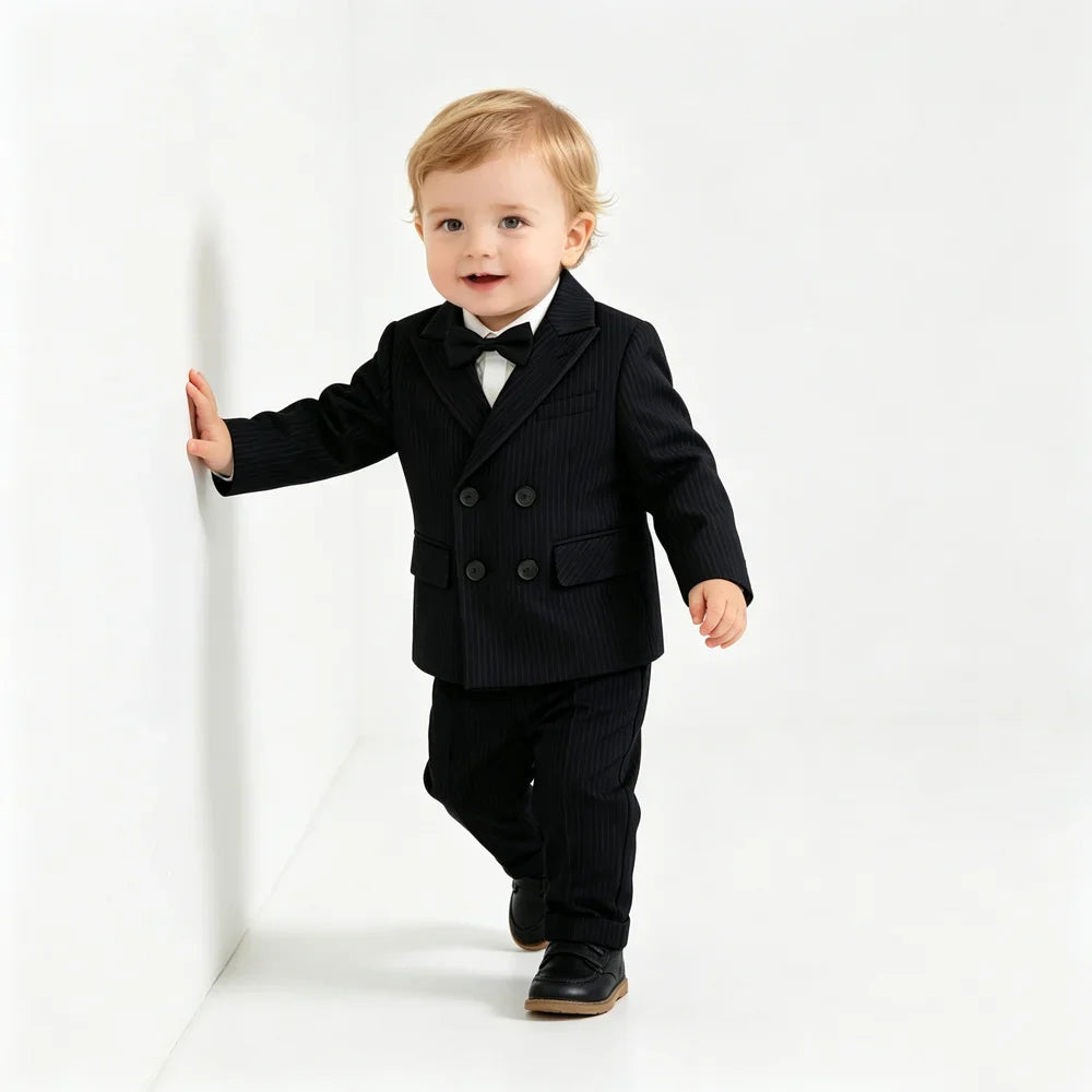 Boys Stripe Wedding Suit Set Kids Gentleman Costume Blazer Vest Pants Bow Tie Outfit for Banquet Christening Formal Party
