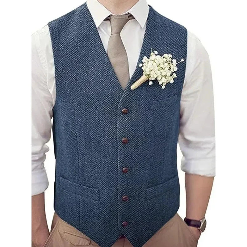 Men's Vest Herringbone V-Neck Single Button Waistcoat for Wedding, Business & Casual Wear