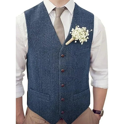 Men's Vest Herringbone V-Neck Single Button Waistcoat for Wedding, Business & Casual Wear