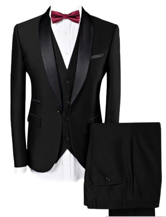 Solid Men's 3 Pieces Shawl Lapel Suits for Wedding Business Slim Fit One Button Suit Blazer Vest Pants Formal Groom Tuxedos