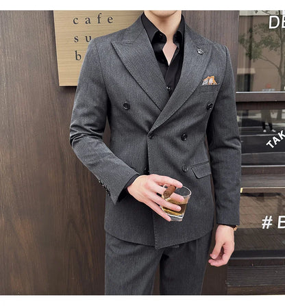(Blazer + Trousers) Fashion Double Breasted Design Slim Men's Suit Italian Style Luxury Wedding Social Party Tuxedo 2 Piece Set