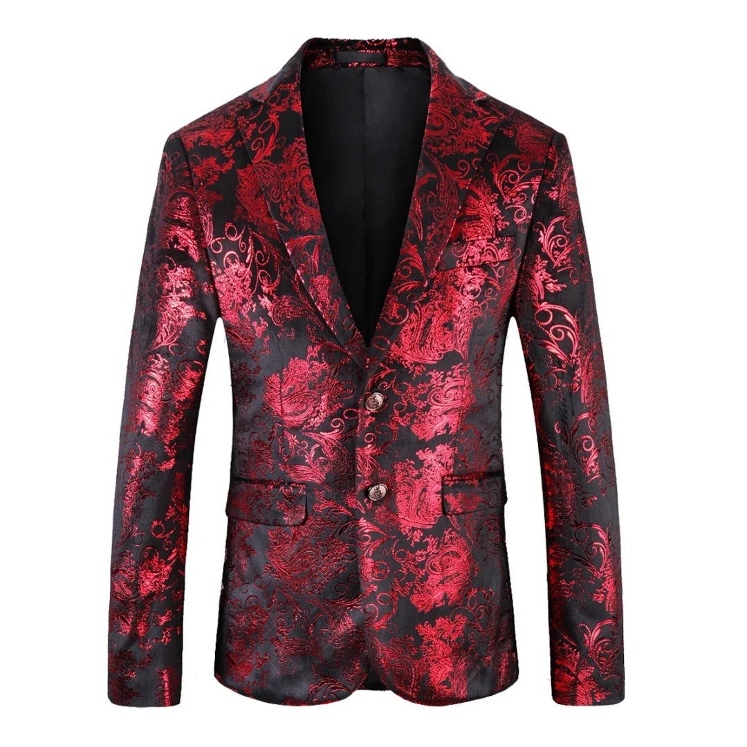 Men's Suit Jacket Black Gold Floral Applique Single Button for Wedding Party Performance